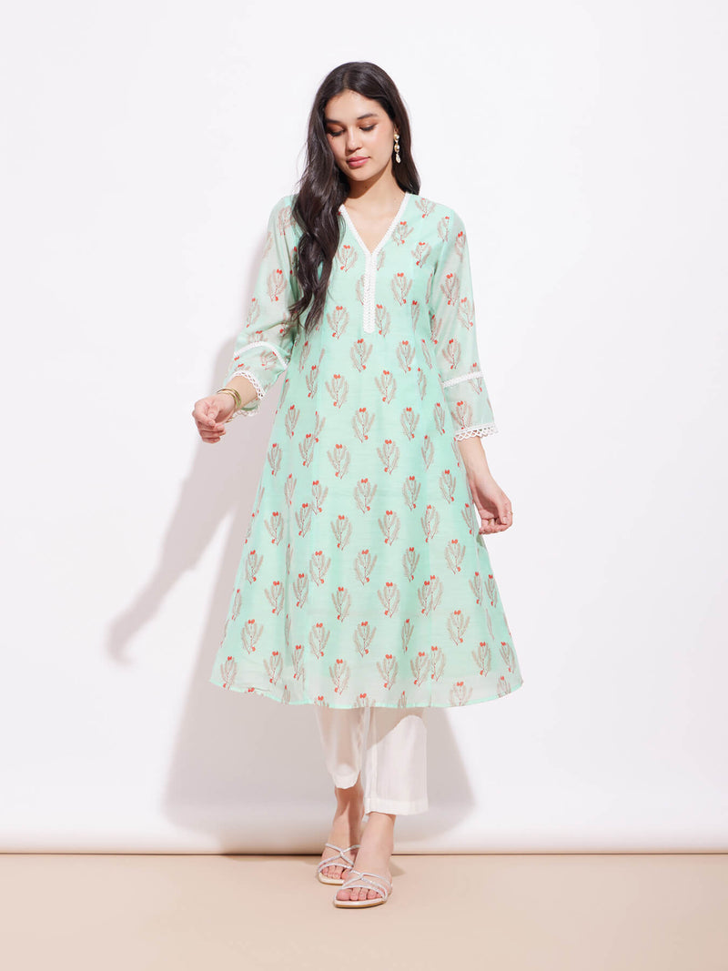 Chanderi Ethnic Motif Kurta - Green & White