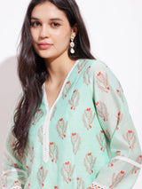 Chanderi Ethnic Motif Kurta - Green & White