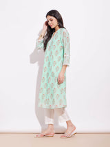 Chanderi Ethnic Motif Kurta - Green & White