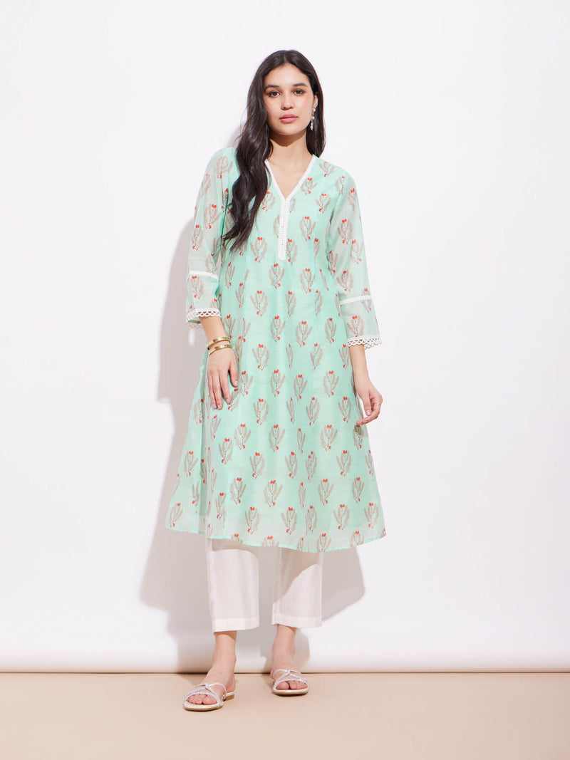 Chanderi Ethnic Motif Kurta - Green & White