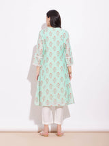 Chanderi Ethnic Motif Kurta - Green & White