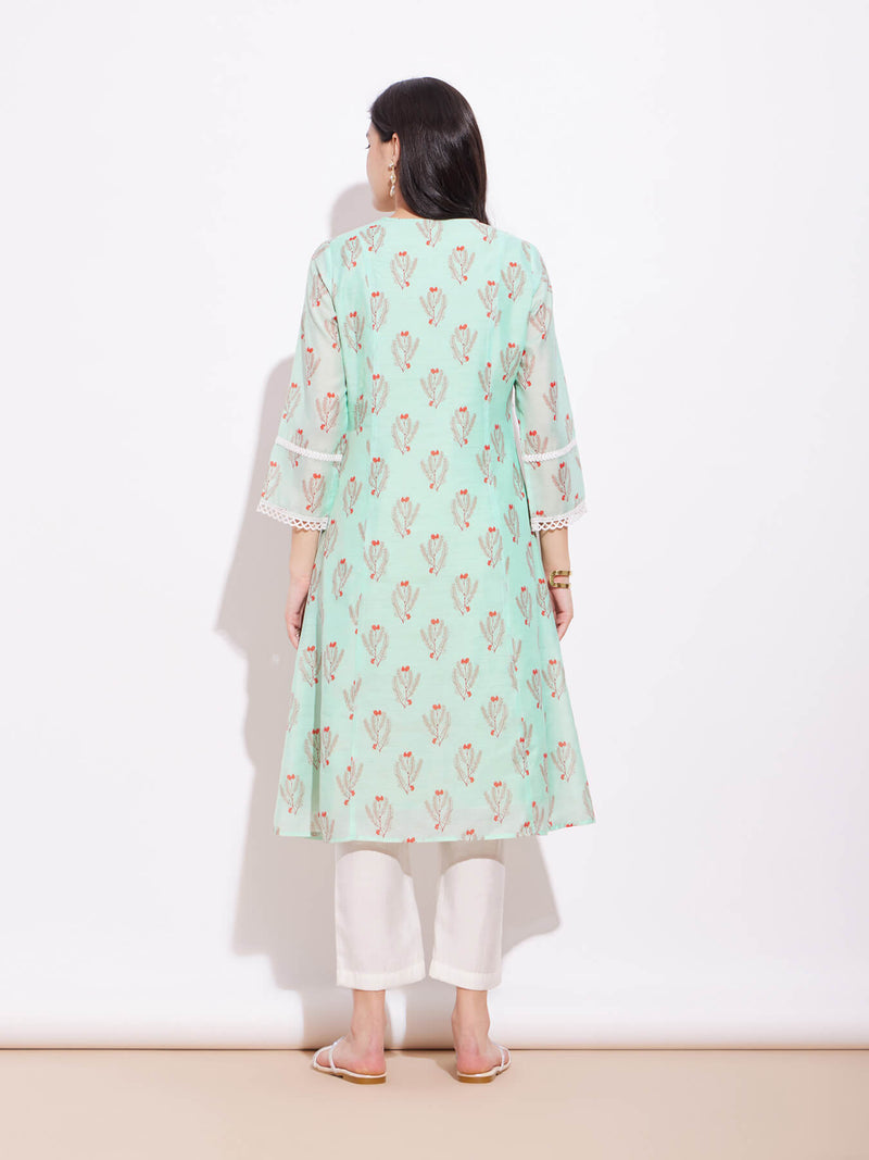 Chanderi Ethnic Motif Kurta - Green & White