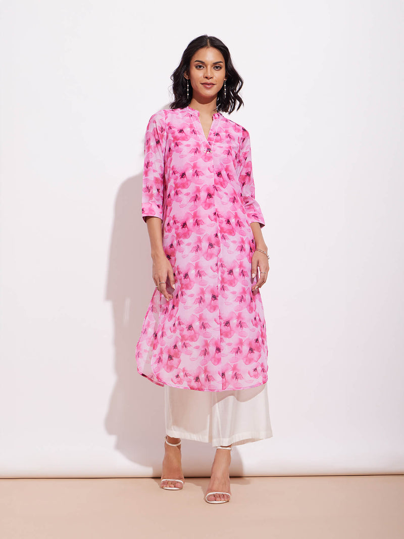 Chanderi Floral Kurta - Pink