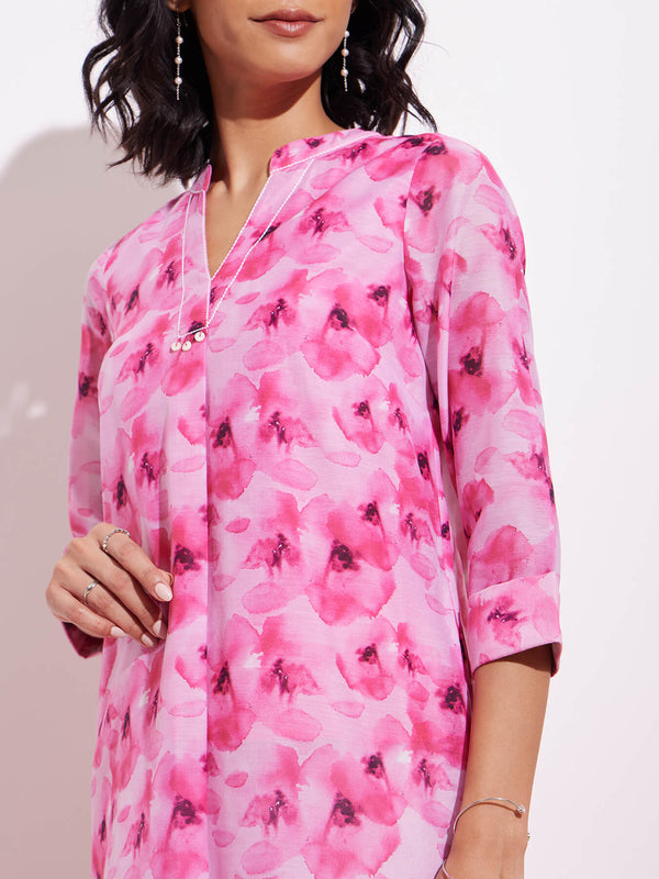 Chanderi Floral Kurta - Pink