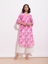 Chanderi Floral Kurta - Pink