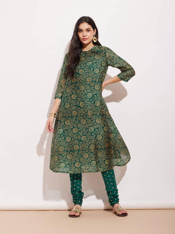 Chanderi Ethnic Motif Kurta - Green