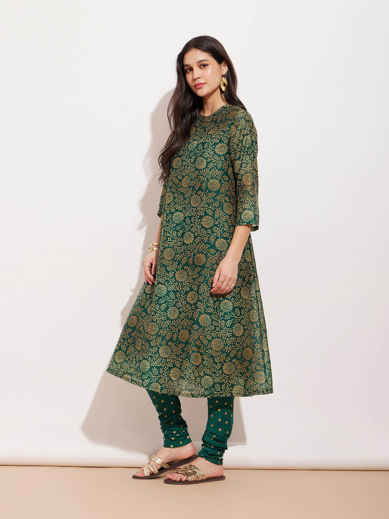 Chanderi Ethnic Motif Kurta - Green