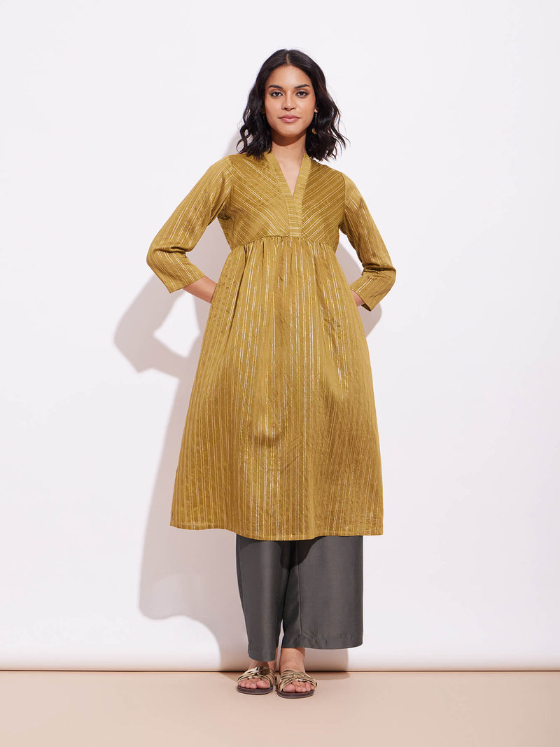 Lurex Gold Striped Kurta - Mustard