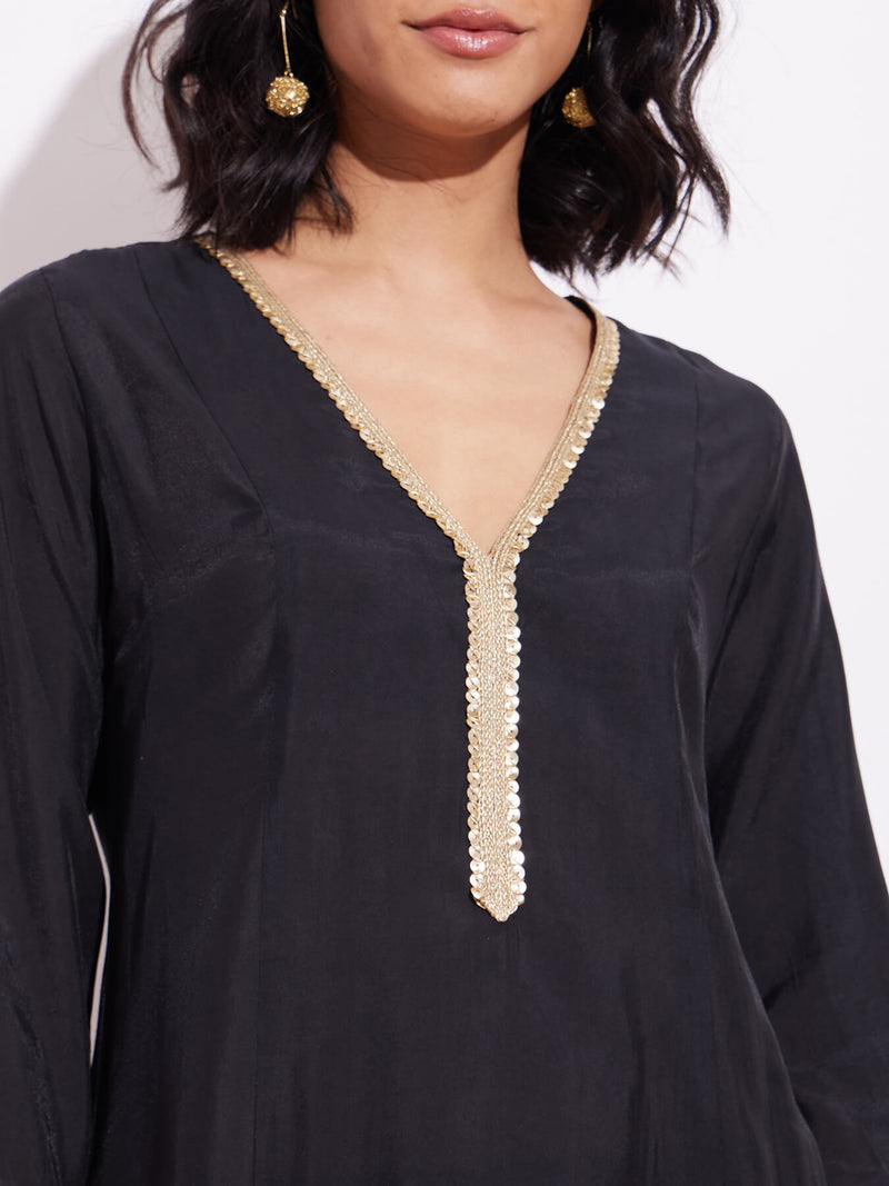 Poly Silk Solid Kurta Set - Black