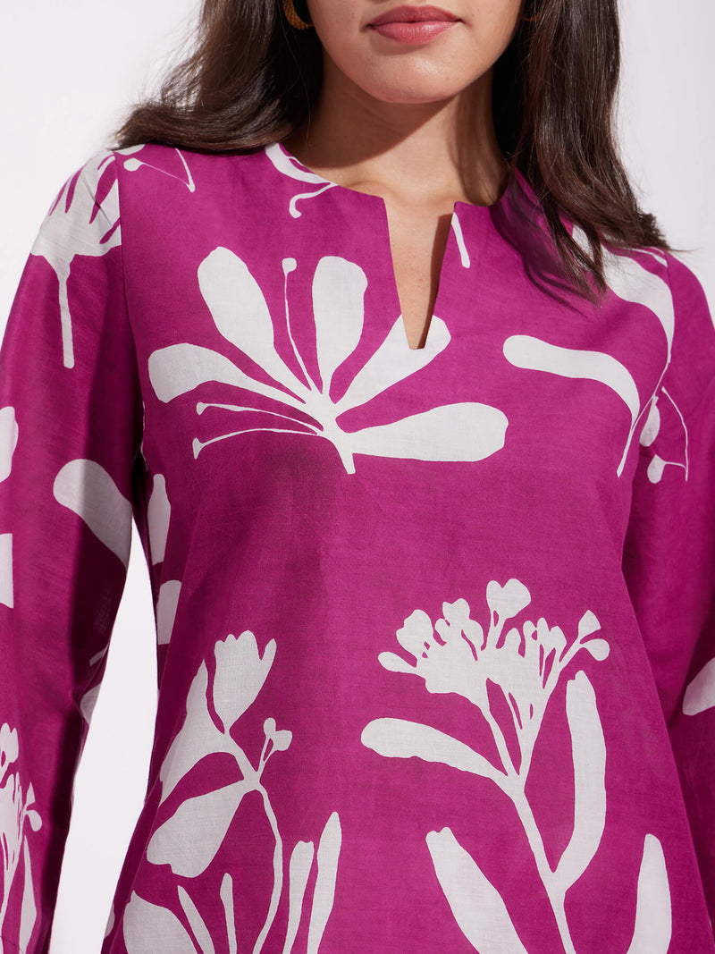 Cotton Floral Print Kurta - Pink & White