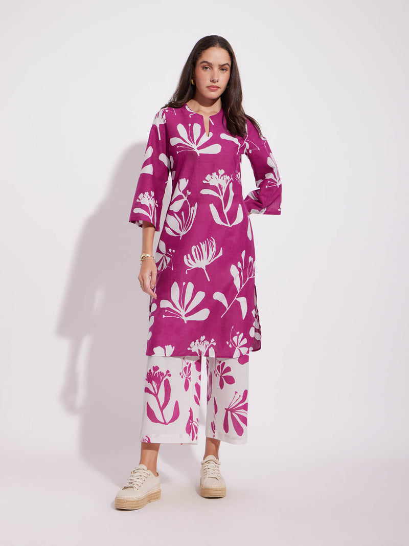 Cotton Floral Print Kurta - Pink & White