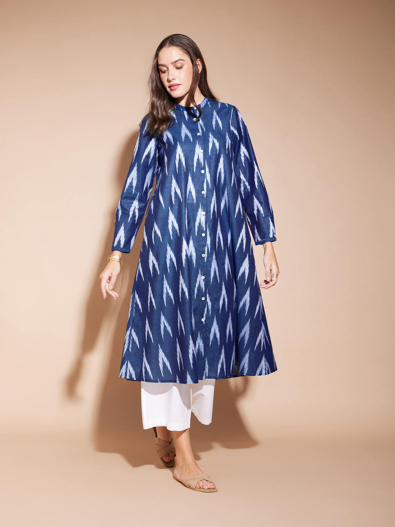 Cotton Ikat A-Line Kurta - Navy Blue