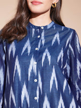 Cotton Ikat A-Line Kurta - Navy Blue