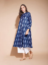 Cotton Ikat A-Line Kurta - Navy Blue