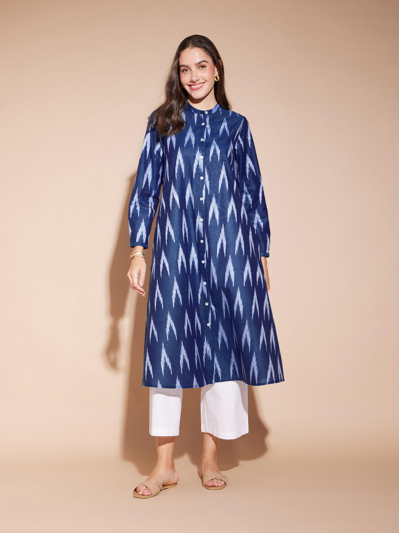 Cotton Ikat A-Line Kurta - Navy Blue