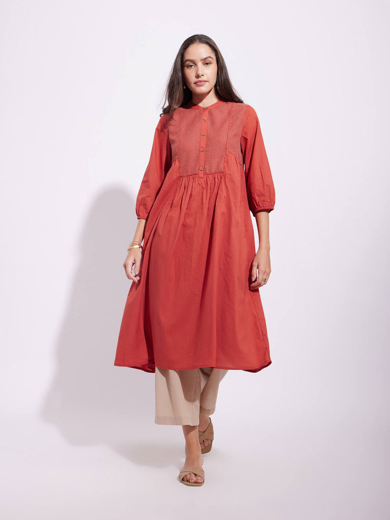 Cotton Solid Yoke Play Kurta - Rust