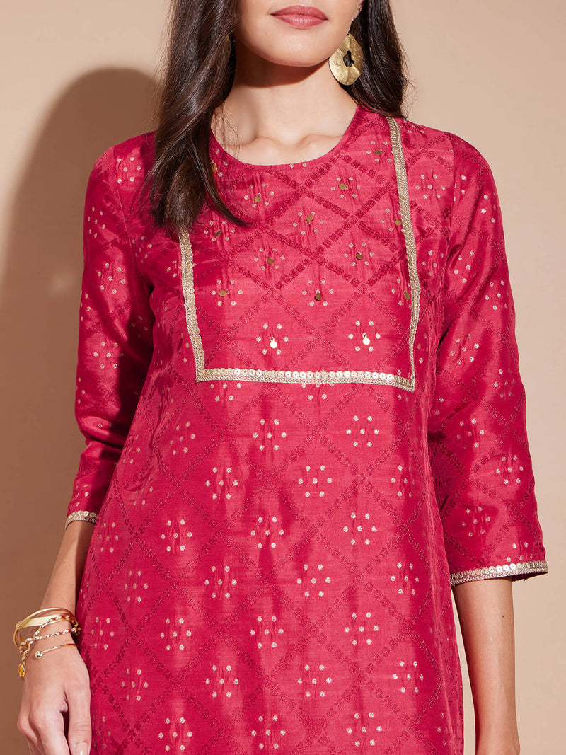 Jacquard Ethnic Motif Kurta - Red