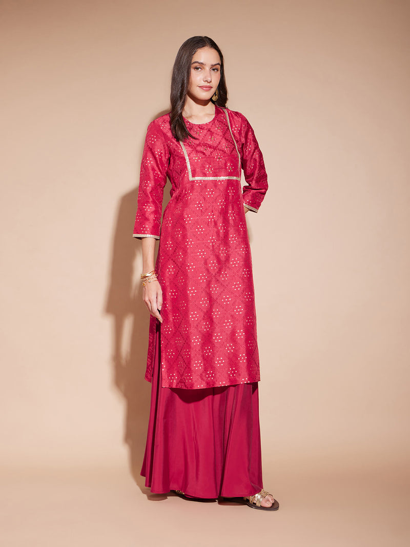 Jacquard Ethnic Motif Kurta - Red