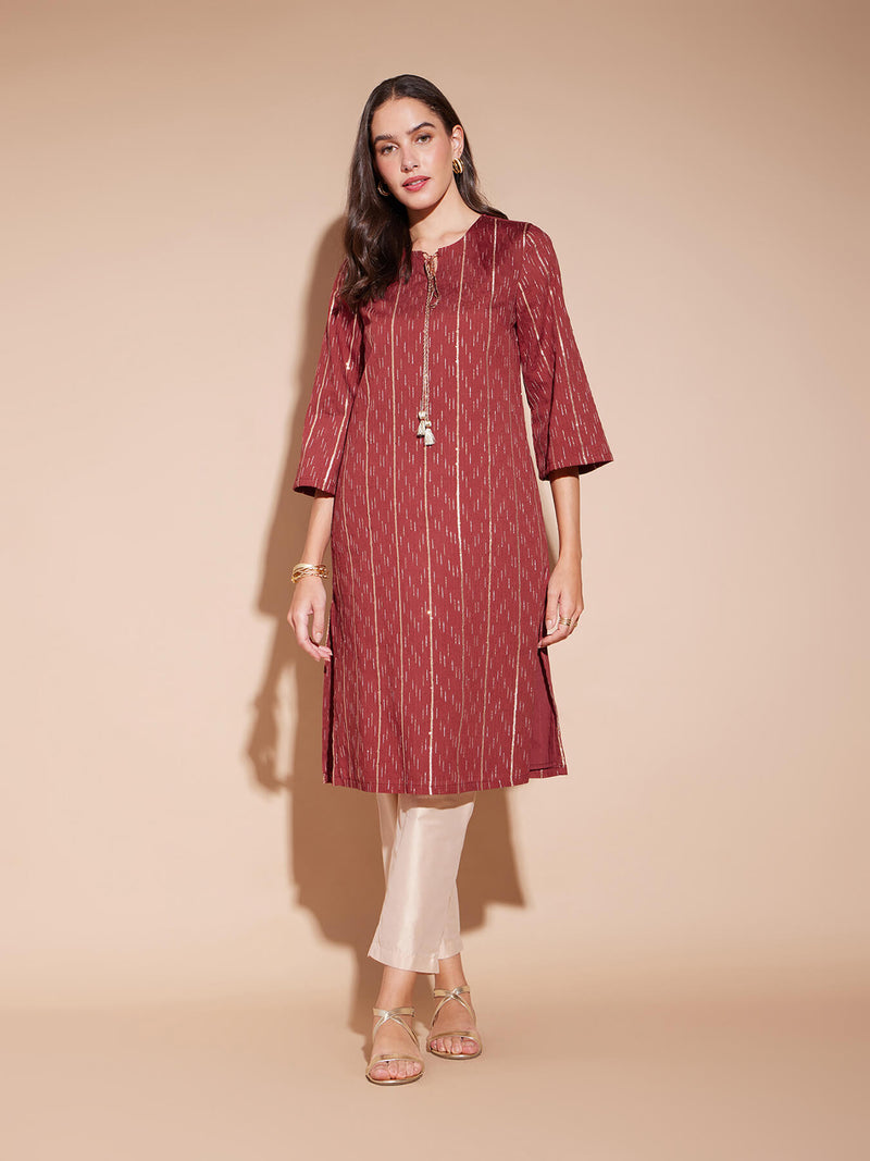 Viscose Woven Design Kurta - Rust & Beige