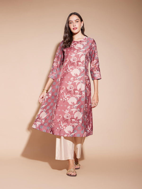 Chanderi Floral Print A-Line Kurta - Pink