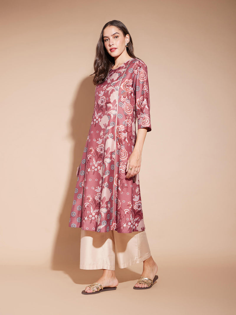 Chanderi Floral Print A-Line Kurta - Pink