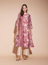 Chanderi Floral Print A-Line Kurta - Pink