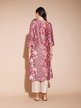 Chanderi Floral Print A-Line Kurta - Pink