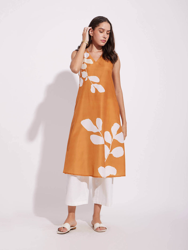 Cotton Floral A-Line Kurta - Mustard