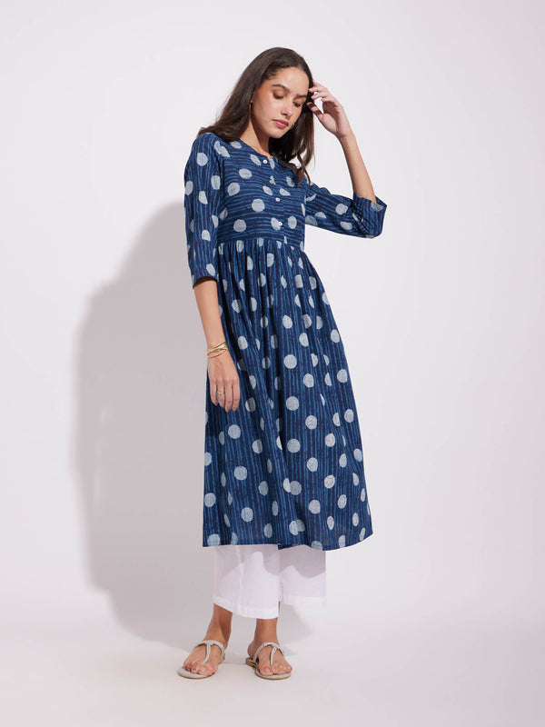 Cotton Dabu Polka Play Kurta - Indigo