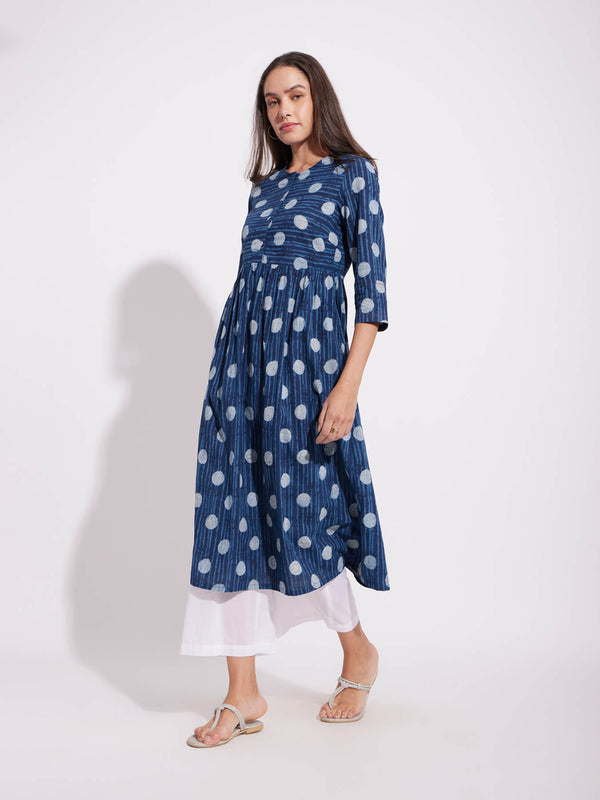 Cotton Dabu Polka Play Kurta - Indigo