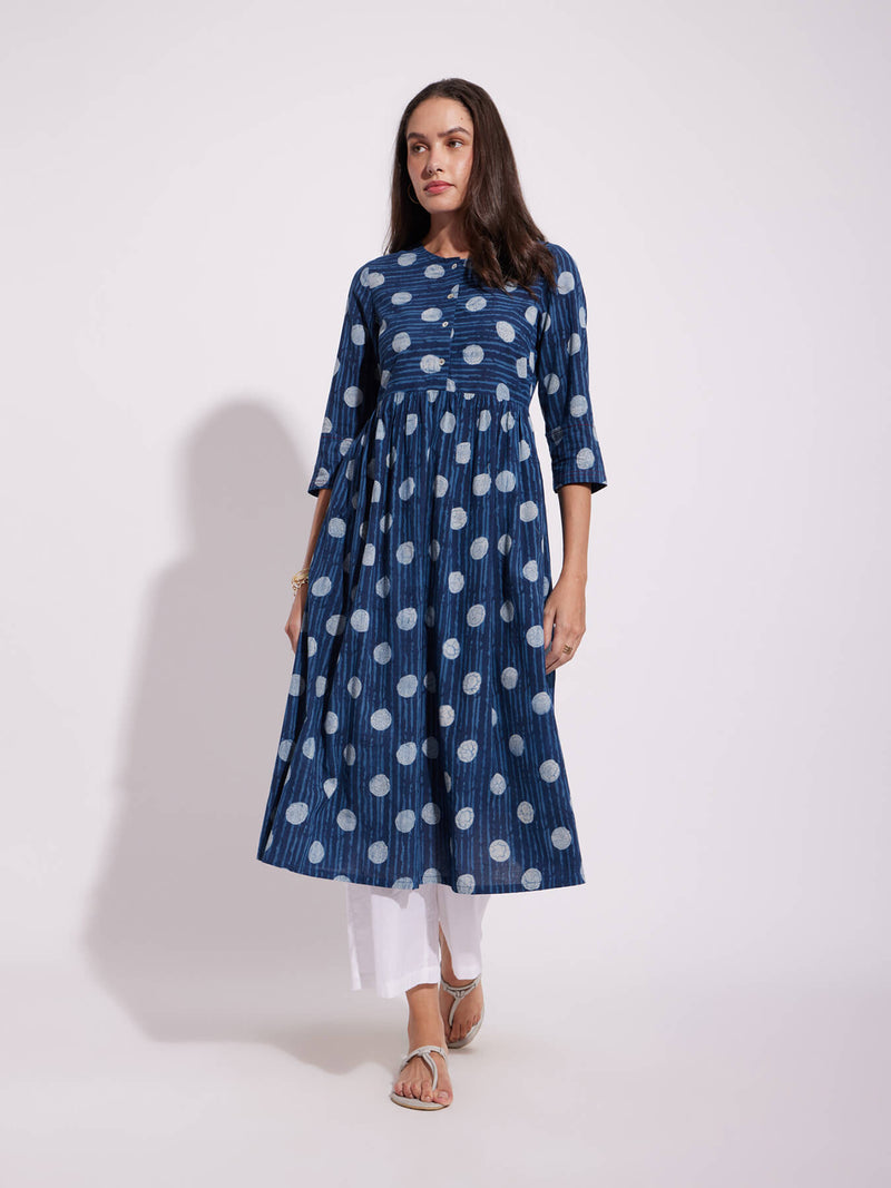 Cotton Dabu Polka Play Kurta - Indigo