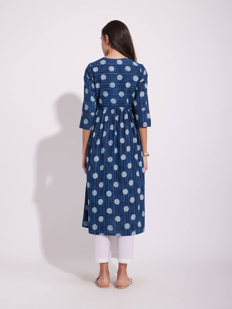 Cotton Dabu Polka Play Kurta - Indigo