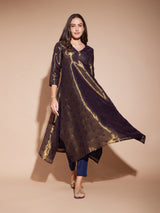 Jacquard Asymmetrical Kurta - Gold & Navy Blue