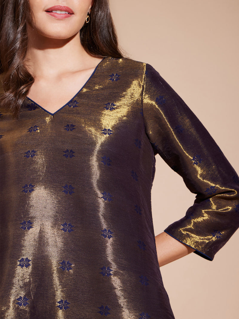 Jacquard Asymmetrical Kurta - Gold & Navy Blue