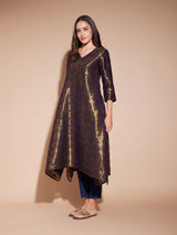 Jacquard Asymmetrical Kurta - Gold & Navy Blue