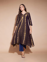 Jacquard Asymmetrical Kurta - Gold & Navy Blue