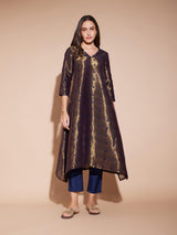 Jacquard Asymmetrical Kurta - Gold & Navy Blue