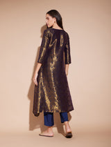 Jacquard Asymmetrical Kurta - Gold & Navy Blue