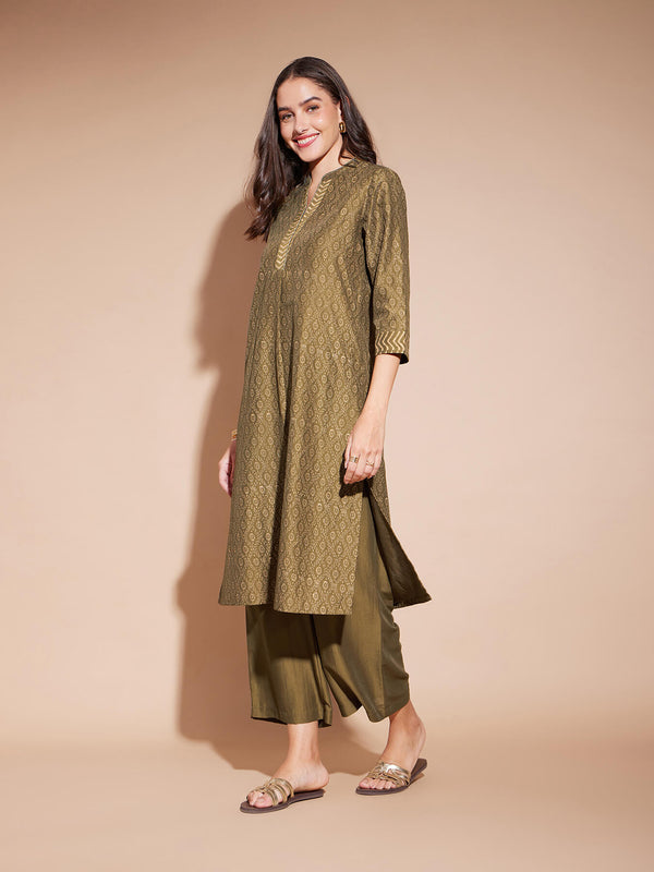 Viscose Geometric Khadi Print Kurta - Olive