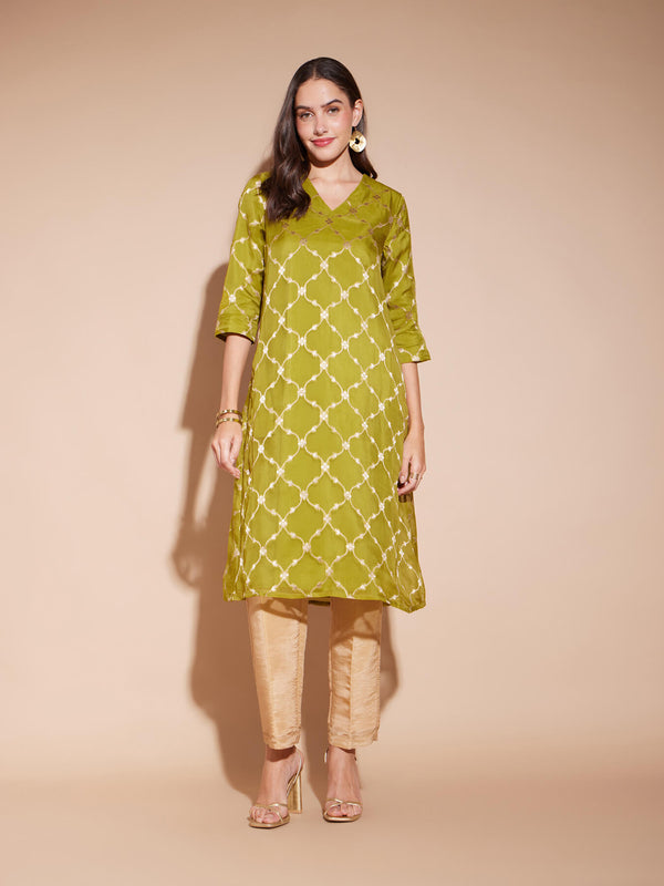 Jacquard Woven Design A-Line Kurta - Green