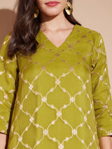 Jacquard Woven Design A-Line Kurta - Green