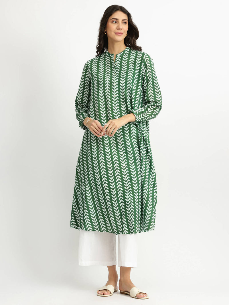 Cotton Leaf Print Striped Kurta - Green