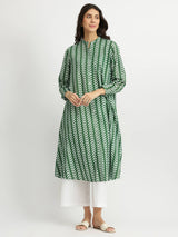 Cotton Leaf Print Striped Kurta Set - Green