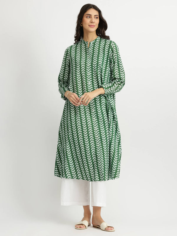 Cotton Leaf Print Striped Kurta Set - Green