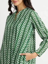 Cotton Leaf Print Striped Kurta Set - Green