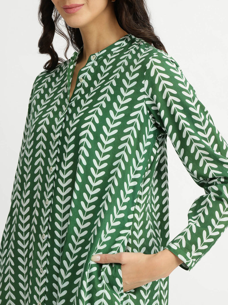 Cotton Leaf Print Striped Kurta Set - Green