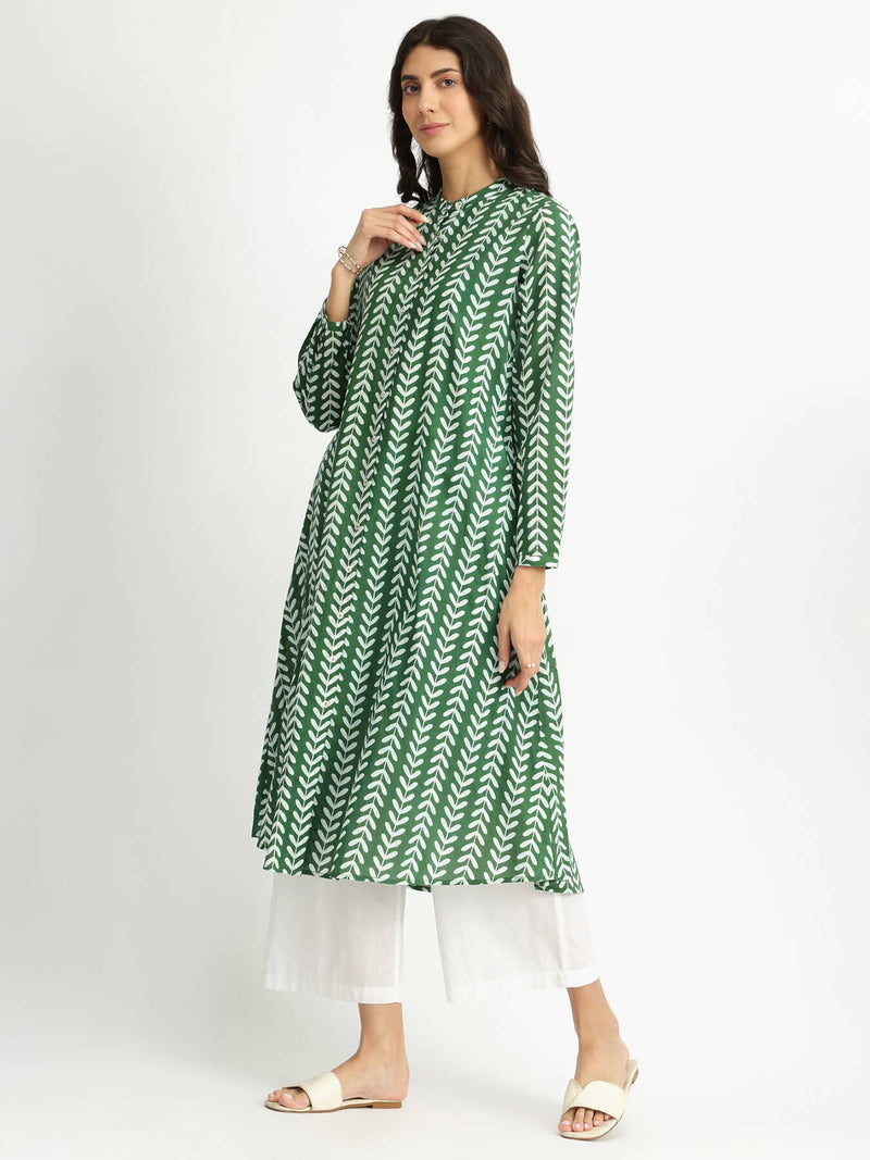 Cotton Leaf Print Striped Kurta - Green