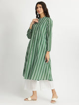 Cotton Leaf Print Striped Kurta Set - Green