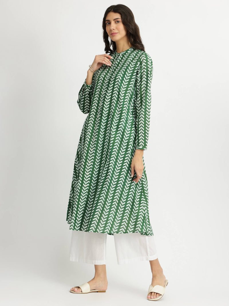 Cotton Leaf Print Striped Kurta Set - Green