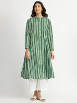 Cotton Leaf Print Striped Kurta Set - Green